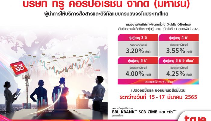 ทรู เผยอัตราดอกเบี้ยหุ้นกู้ 4 ชุดใหม่ 3.20% ถึง 4.25% ต่อปี พร้อมเปิดให้ผู้ลงทุนทั่วไปจองซื้อได้ระหว่างวันที่ 15-17 มี.ค 65