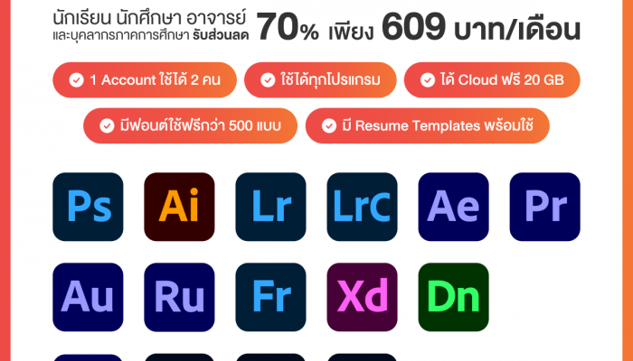 Adobe ส่ง โปรฯ ลด 70%. Adobe Creative All Apps สำหรับนักเรียน นักศึกษา อาจารย์ และบุคลากรภาคการศึกษา