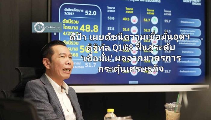 ดีป้า เผยดัชนีความเชื่อมั่นอุตสาหกรรมดิจิทัล Q1/68 ฟื้นสู่ระดับ ‘เชื่อมั่น’ ผลจากมาตรการกระตุ้นเศรษฐกิจและปัจจัยบวกอื่น