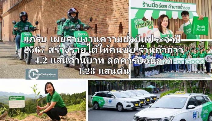 แกร็บ เผยรายงานความยั่งยืนประจำปี 2567 สร้างรายได้ให้คนขับ-ร้านค้ากว่า 4.2 แสนล้านบาท ลดคาร์บอนกว่า 1.28 แสนตัน