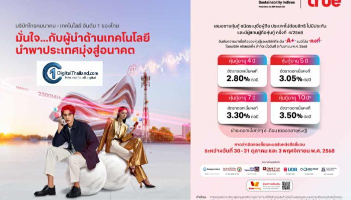 TRUE เคาะดอกเบี้ยหุ้นกู้ชุดใหม่ อายุ 4 - 10 ปี ผลตอบแทนคงที่สูงสุด 3.50% ต่อปี ตอบโจทย์การลงทุนมั่นคง รับเทรนด์ดอกเบี้ยขาลง