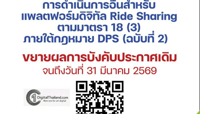 ETDA ออกประกาศฯ แพลตฟอร์มดิจิทัล Ride Sharing ตามมาตรา 18 (3) (ฉบับที่ 2) ภายใต้กฎหมาย DPS ขยายบังคับใช้ฉบับแรกออกไปจนถึง 31 มี.ค 2569