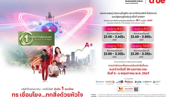ทรู เปิดจองหุ้นกู้ชุดใหม่ ประเดิมปี 2569 เรตติ้ง 'A+' แนวโน้มเครดิตได้รับการปรับขึ้นจาก 'คงที่' เป็น 'บวก' สวนกระแสเศรษฐกิจ