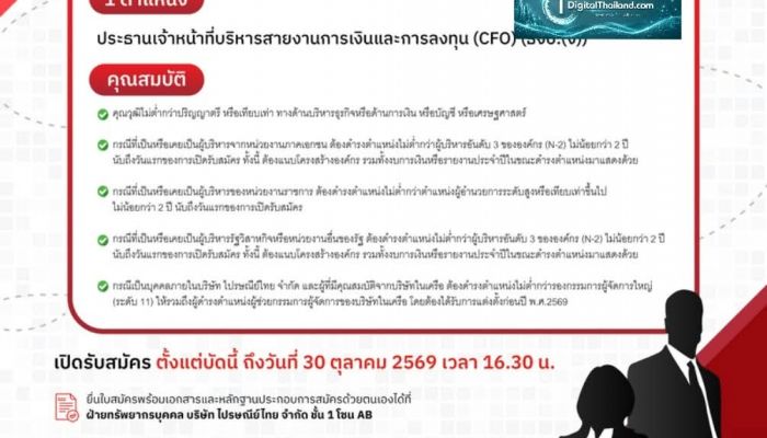 ไปรษณีย์ไทย เปิดสรรหาผู้บริหารระดับสูง CFO 1 อัตรา รับสมัครตั้งแต่วันนี้ - 30 ต.ค 2569