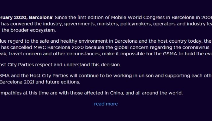 GSMA ประกาศยกเลิกการจัดงาน MWC Barcelona 2020 อย่างเป็นทางการ เหตุกังวลการแพร่ระบาดของไวรัสโคโรนาสายพันธ์ุใหม่ (COVID-19)