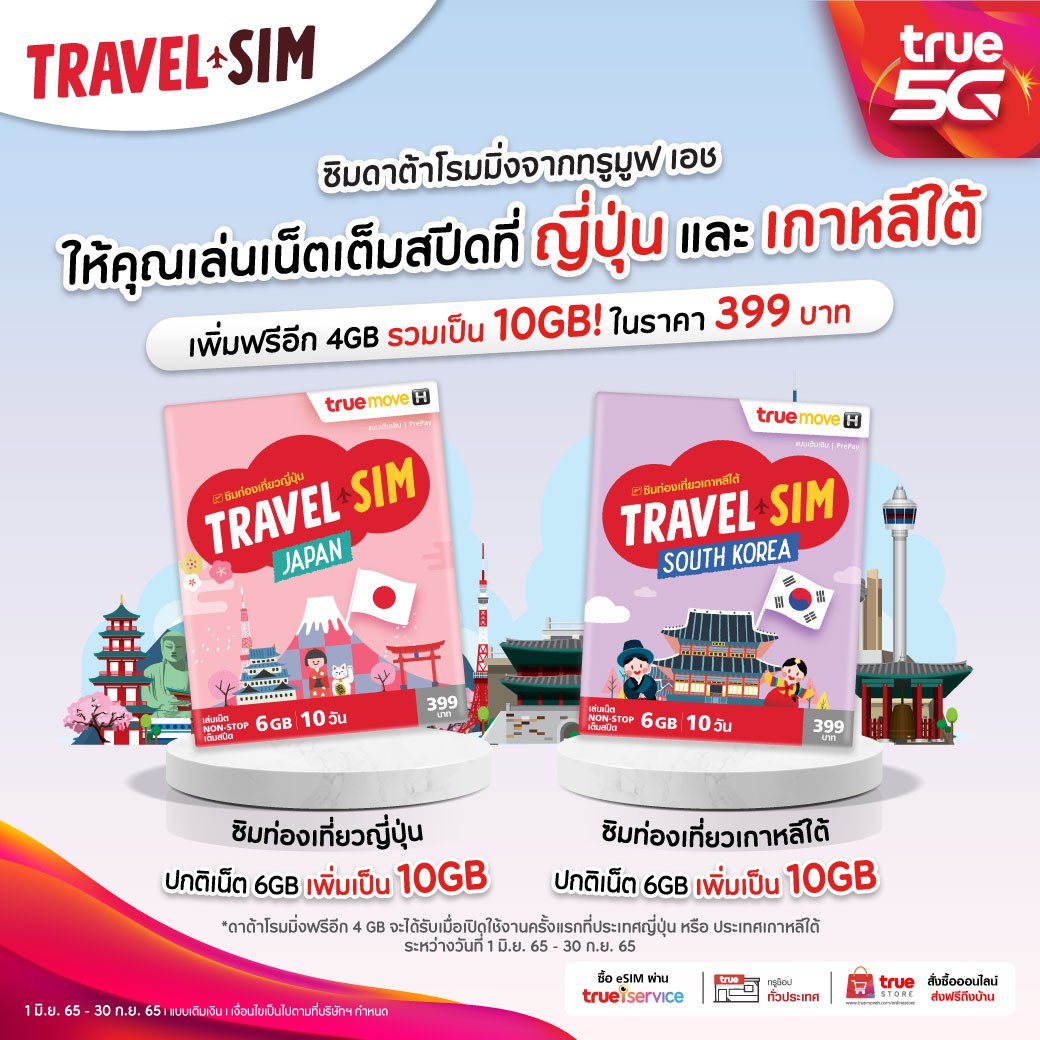 ทรู 5G จัดให้สายเที่ยวได้เฮ กับเดสติเนชั่นยอดฮิต ญี่ปุ่น และเกาหลีใต้ โรมมิ่งเล่นเน็ตเต็มสปีด เพิ่มฟรี 4GB เป็น 10 GB เพียง 399 บาท 