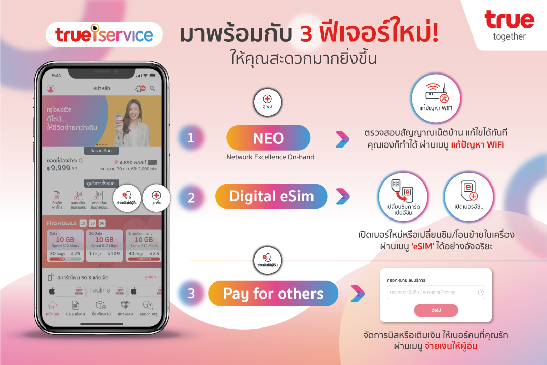 แนะนำ 3 ฟีเจอร์เด็ดบน True iService โฉมใหม่ ทั้งตรวจสอบสัญญาณเน็ตมือถือ เน็ตบ้าน แก้ไขได้ทันที พร้อมเปิดเบอร์ใหม่ eSIM และจัดการบิล