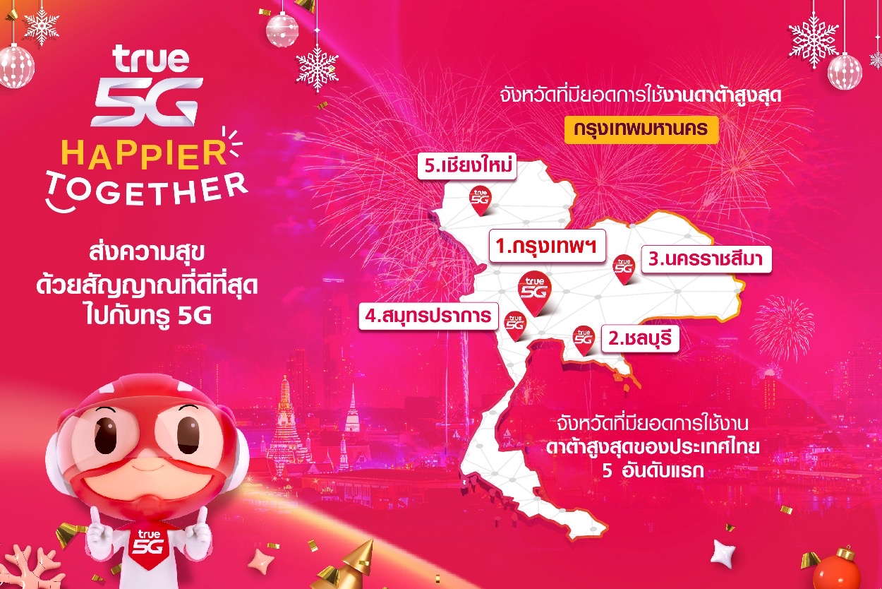 ทรู 5G เปิดท็อป 5 สถิติยอดการใช้งานดาต้าช่วงเคาท์ดาวน์ กรุงเทพฯ ครองแชมป์ต่อเนื่อง ด้านสิงห์บุรีน้อยสุดของประเทศ ภาคกลางสูงสุด และภาคตะวันตกน้อยสุด