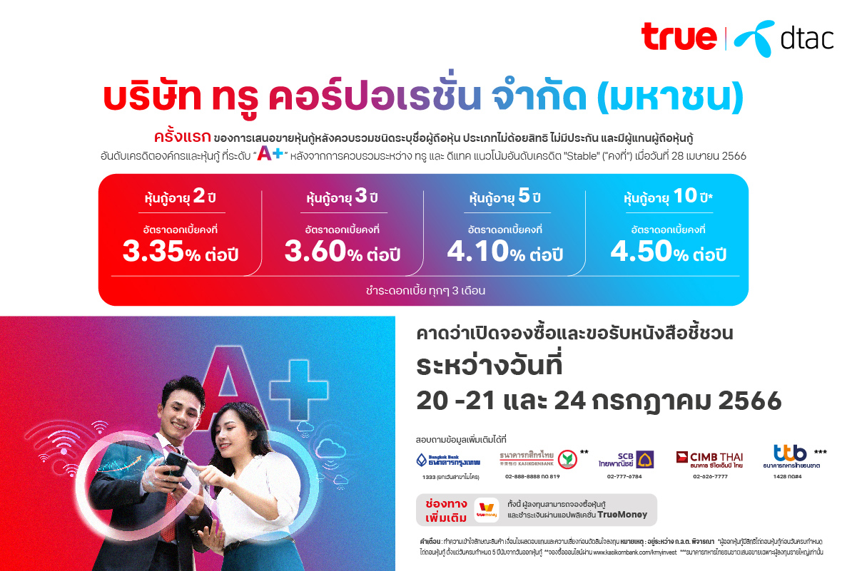 ทรู คอร์ปอเรชั่น เตรียมเสนอขายหุ้นกู้ครั้งแรกให้นักลงทุนทั่วไป ชู A+ เรทติ้งบริษัทใหม่ ดอกเบี้ย 3.35–4.50% ต่อปี คาดเปิดให้จองซื้อ 20-21 และ 24 ก.ค นี้