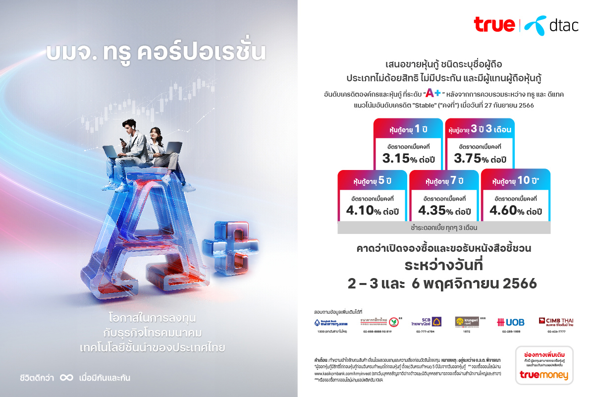 'ทรู คอร์ปอเรชั่น' เคาะดอกเบี้ยหุ้นกู้ชุดใหม่ 3.15 – 4.60% เสนอขายนักลงทุนทั่วไป ชูอันดับความน่าเชื่อถือ A+ คาดเปิดให้จองซื้อ 2-3 และ 6 พ.ย นี้