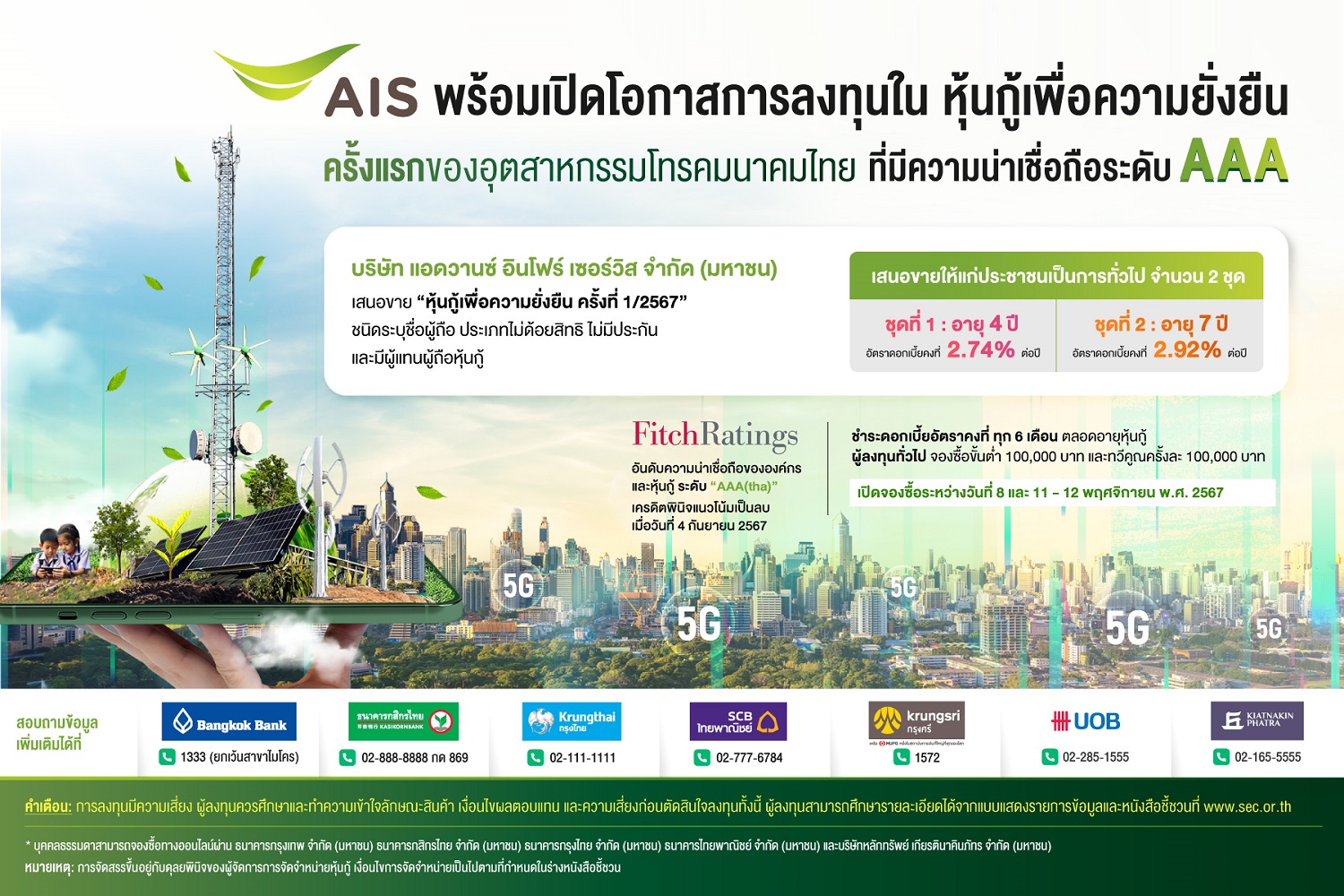 AIS เคาะดอกเบี้ยหุ้นกู้เพื่อความยั่งยืน อายุ 4 ปี ที่ 2.74% และอายุ 7 ปี ที่ 2.92% เสนอขายต่อผู้ลงทุนทั่วไป ระหว่างวันที่ 8 และ 11-12 พ.ย. นี้