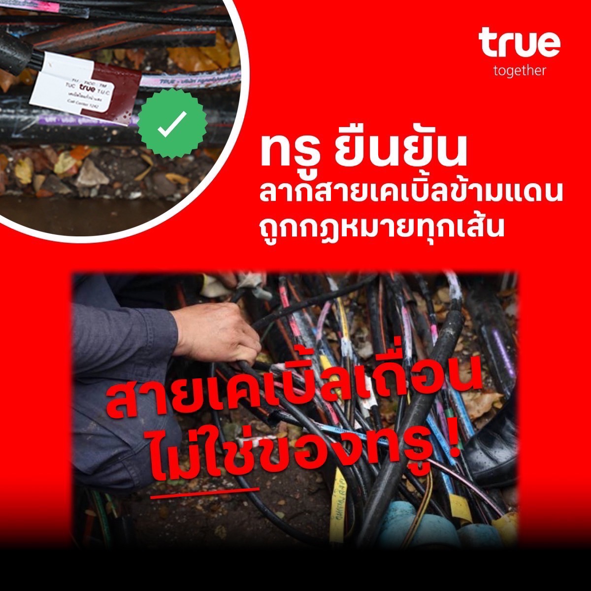 ทรู ชี้แจงสายเคเบิ้ลใยแก้วข้ามแดนทุกจุด ทุกพื้นที่ ขออนุญาตถูกต้องตามกม. ย้ำ!! ไม่เกี่ยวกับสายสื่อสารเถื่อนข้ามสะพานมิตรภาพไทย-ลาว