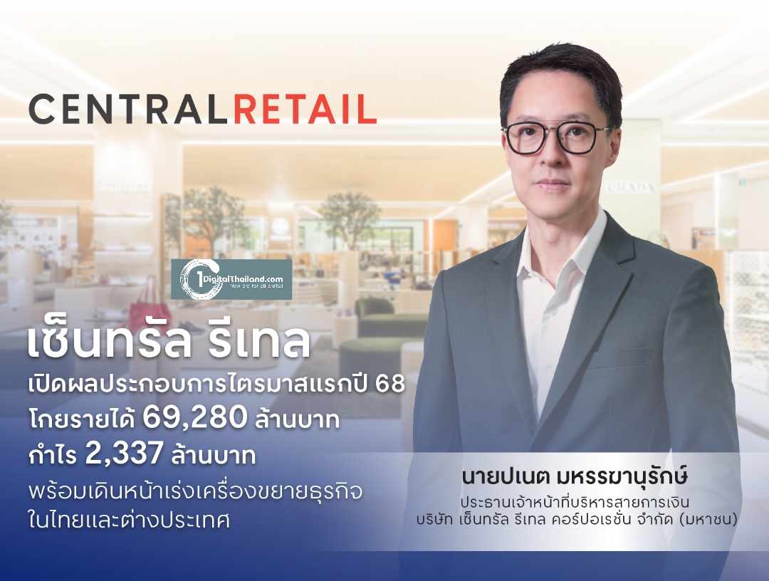 เซ็นทรัล รีเทล เปิดผลประกอบการไตรมาสแรกปี 68 กำไร 2,337 ล้านบาท พร้อมเดินหน้าขยายธุรกิจในไทยและต่างประเทศ