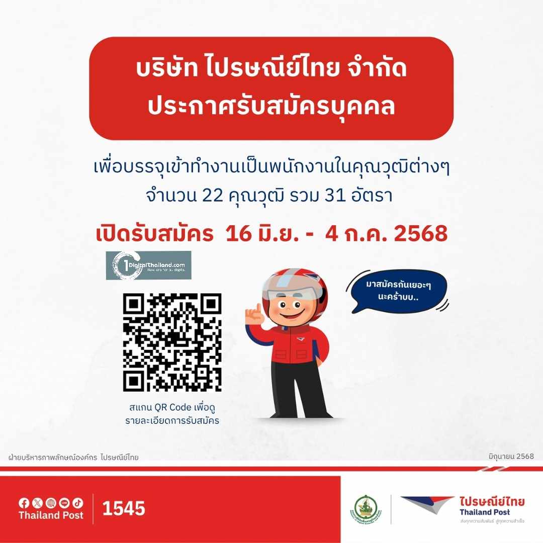 สงคราม สมัครด่วน!! ไปรษณีย์ไทยเปิดรับสมัครบุคลากร ประจำปี 2568 รวม 31 อัตรา เปิดรับสมัครแล้ววันนี้ – 4 ก.ค 2568 