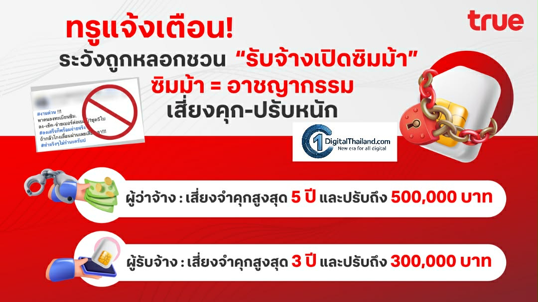 ทรูแจ้งเตือน! ระวังถูกหลอกชวน 'รับจ้างเปิดซิมม้า' ซิมม้า = อาชญากรรม เสี่ยงคุก-ปรับหนัก