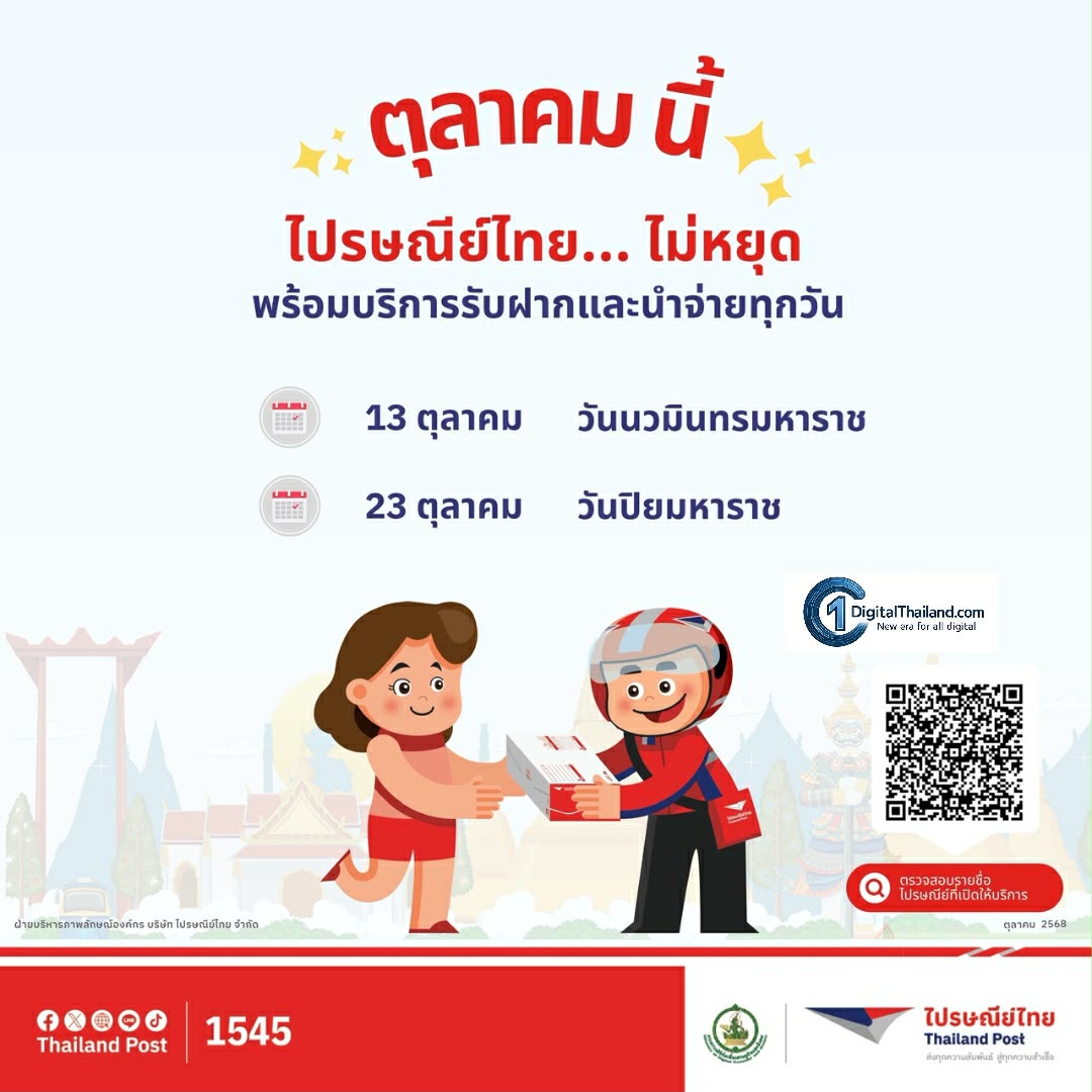 ตุลาคมนี้ ไปรษณีย์ไทยไม่มีหยุด!! เปิดให้บริการรับฝากและนำจ่ายในวันหยุด และวันหยุดต่อเนื่องตามปกติทั่วประเทศ