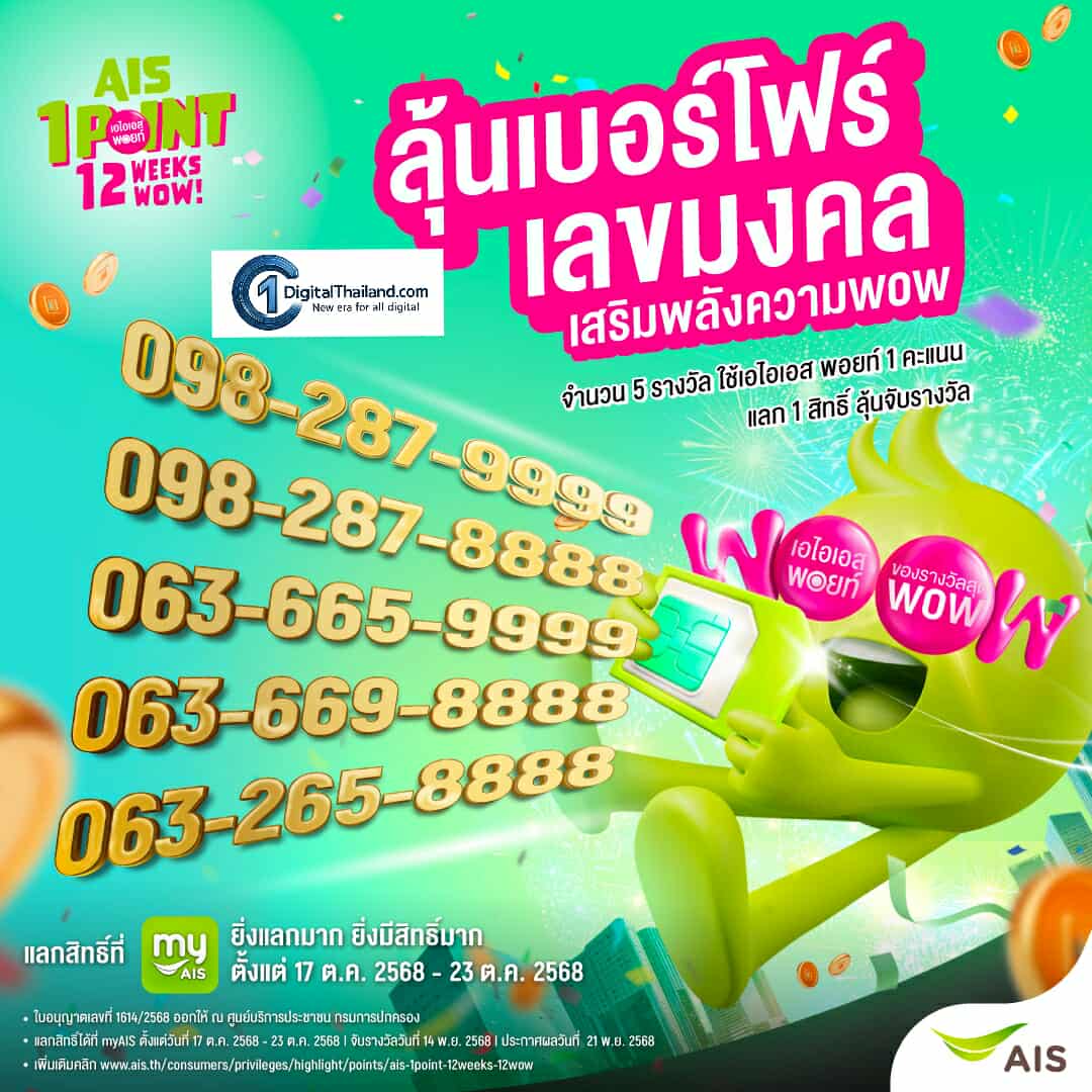 AIS ฉลอง 35 ปี ลุ้นสิทธิ์จับรางวัล! เบอร์โฟร์เลขมงคล เบอร์สวยขั้นเทพ 8888 และ 9999 เอาใจสายมู เพียงใช้ AIS Points 1 คะแนน ลุ้นรับความเฮง! 5 รางวัล