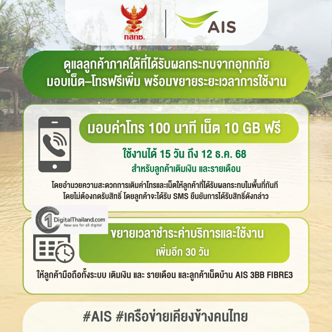 เอไอเอส ร่วมกับ กสทช. ดูแลลูกค้าภาคใต้ที่ได้รับผลกระทบจากอุทกภัย มอบเน็ต–โทรฟรีเพิ่ม พร้อมขยายระยะเวลาการใช้งาน