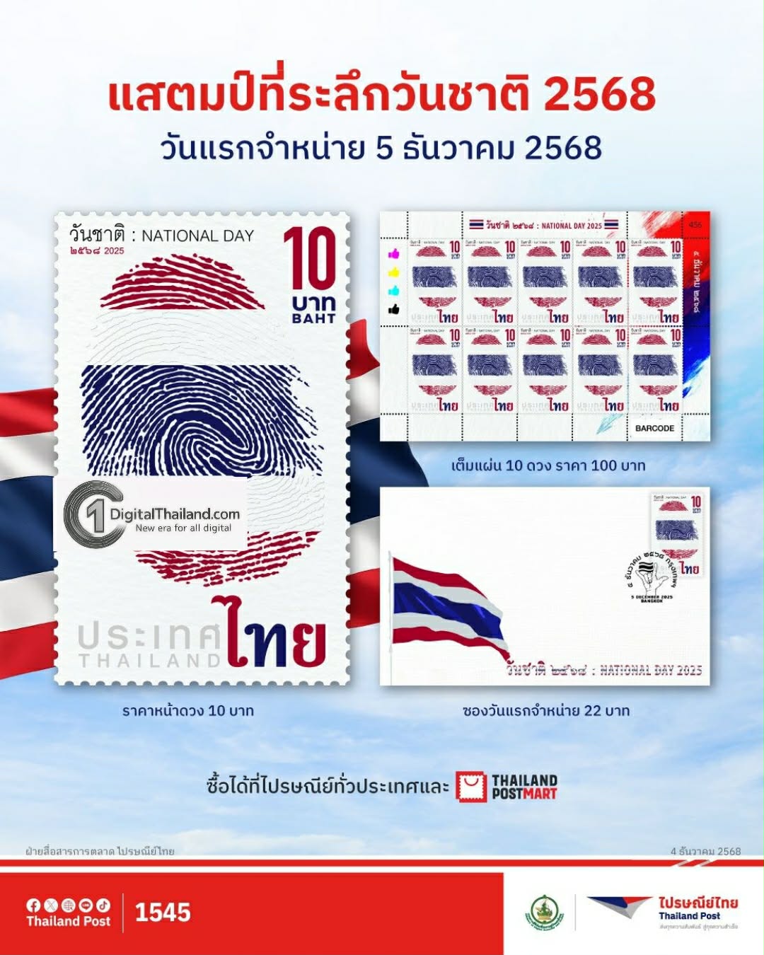 ไปรษณีย์ไทยออกแสตมป์ที่ระลึกชุด 'วันชาติ 2568' ชูเอกลักษณ์ไทย ผ่านลายนิ้วมือสีธงชาติ สื่อพลังความเป็นหนึ่งเดียวของคนไทย เปิดจำหน่ายแล้ววันนี้