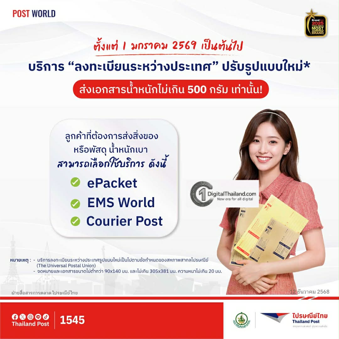 ไปรษณีย์ไทย แจ้งปรับรูปแบบบริการ 'ลงทะเบียนระหว่างประเทศ' ส่งได้เฉพาะเอกสาร เริ่ม 1 มกราคม 2569