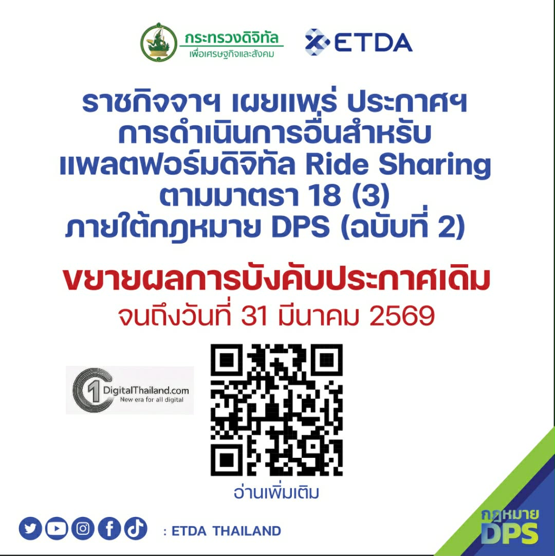 ETDA ออกประกาศฯ แพลตฟอร์มดิจิทัล Ride Sharing ตามมาตรา 18 (3) (ฉบับที่ 2) ภายใต้กฎหมาย DPS ขยายบังคับใช้ฉบับแรกออกไปจนถึง 31 มี.ค 2569