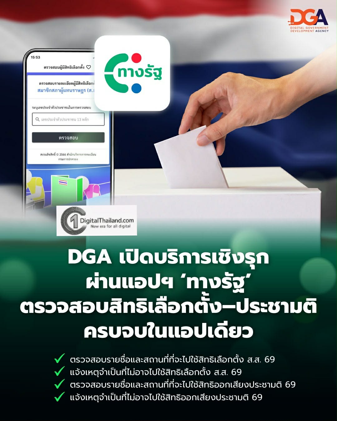 DGA เปิดบริการเชิงรุกผ่าน 'ทางรัฐ' ตรวจสอบสิทธิเลือกตั้ง–ประชามติ ครบจบในแอปเดียว