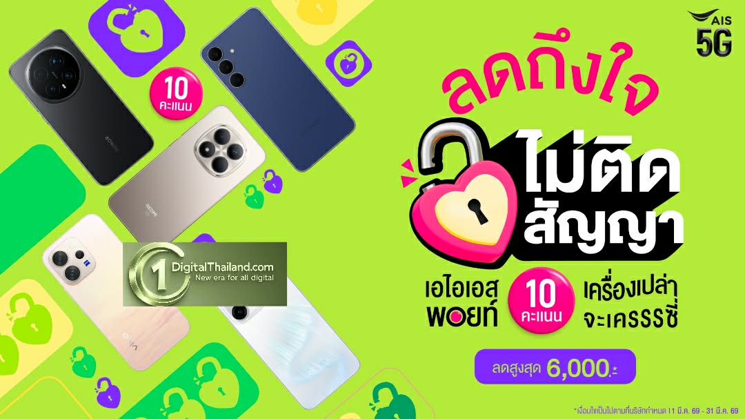 ซื้อมือถือเครื่องเปล่าที่ AIS คุ้มไม่ไหว! 'ลดถึงใจ ไม่ติดสัญญา' เพียงใช้เอไอเอส พอยท์ 10 คะแนน รับส่วนลดสูงสุด 6,000 บาท!