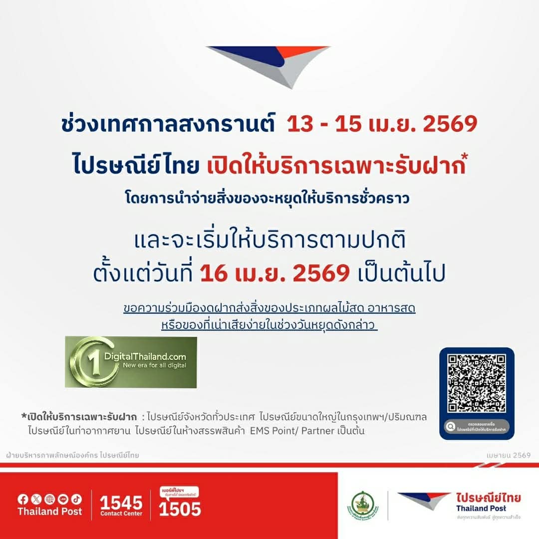 ไปรษณีย์ไทย เปิดให้บริการช่วงสงกรานต์ 13–15 เม.ย. ผ่านจุดให้บริการทั่วประเทศ พร้อมแนะเลี่ยงฝากส่งสิ่งของเน่าเสียง่าย