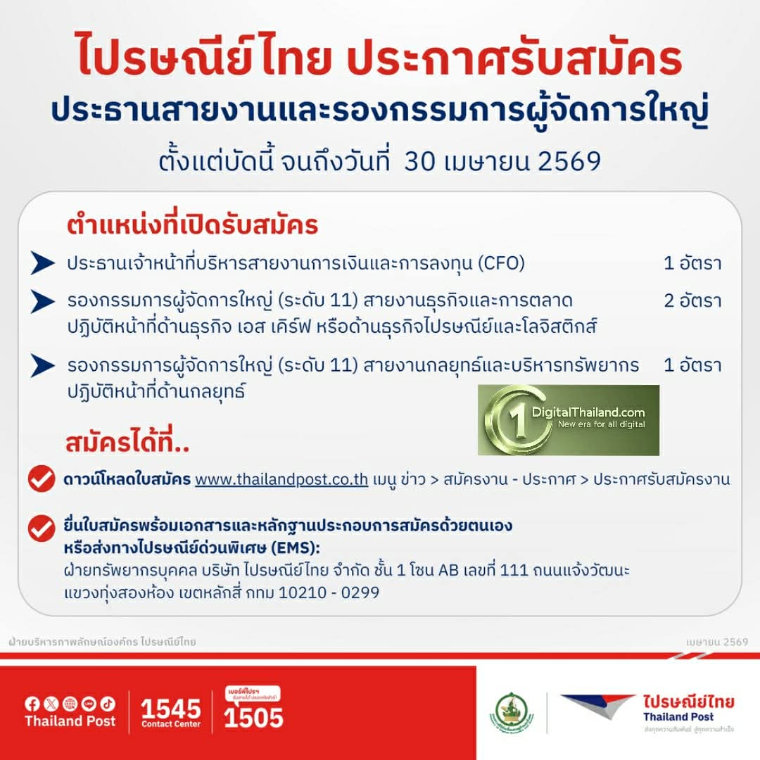 ไปรษณีย์ไทย เปิดสรรหาผู้บริหารระดับสูง CFO และรองกรรมการผู้จัดการใหญ่ 4 อัตรา รับสมัครตั้งแต่วันนี้ - 30 เมษายน 2569