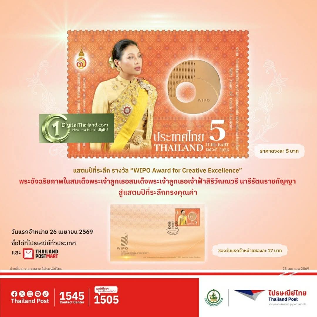 ไปรษณีย์ไทย ชูพระอัจฉริยภาพ สมเด็จพระเจ้าลูกเธอ เจ้าฟ้าสิริวัณณวรีฯ ผ่านแสตมป์ชุดพิเศษ 'WIPO Award' ย้ำพลัง Soft Power ไทยสู่เวทีโลก เริ่มจำหน่าย 26 เม.ย. นี้