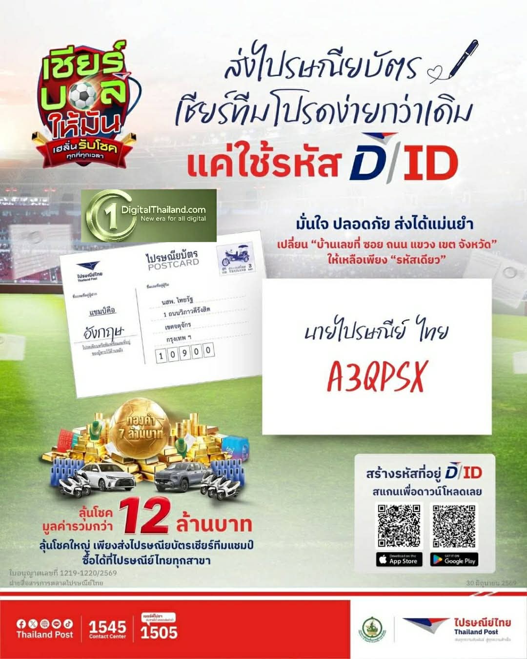 ส่งแรงเชียร์ง่ายขึ้น! ไปรษณีย์ไทยชวนใช้ D/ID รหัสที่อยู่ดิจิทัล 6 หลัก เขียนแทนที่อยู่ผู้ส่ง ลุ้นโชคโค้งสุดท้าย 'เชียร์บอลให้มัน เฮลั่นรับโชค ทุกที่ทุกเวลา'
