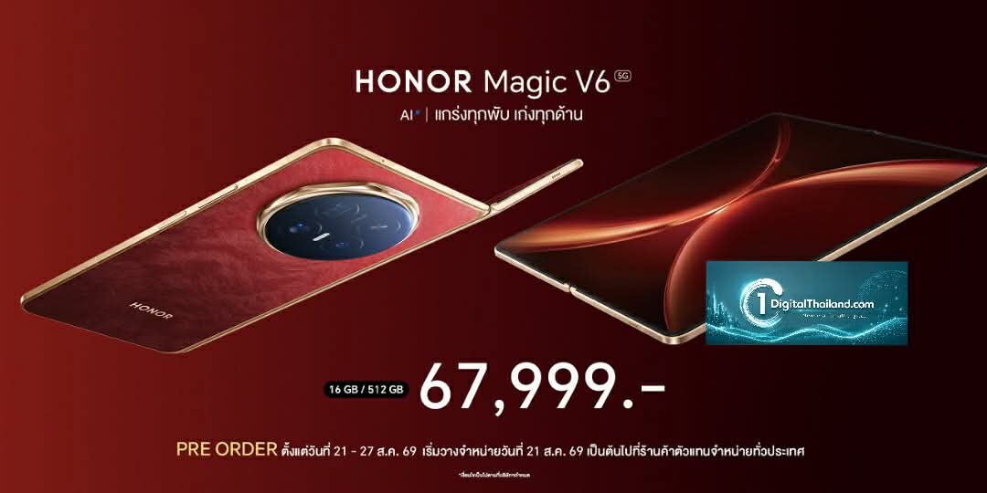 HONOR Magic V6 วางจำหน่ายในราคา 67,999 บาท เปิดพรีออเดอร์ระหว่าง 21 – 27 ส.ค.69 ชูความแกร่ง บางเบา แบตอึด พร้อมฟีเจอร์ AI และการเชื่อมต่อข้ามระบบ