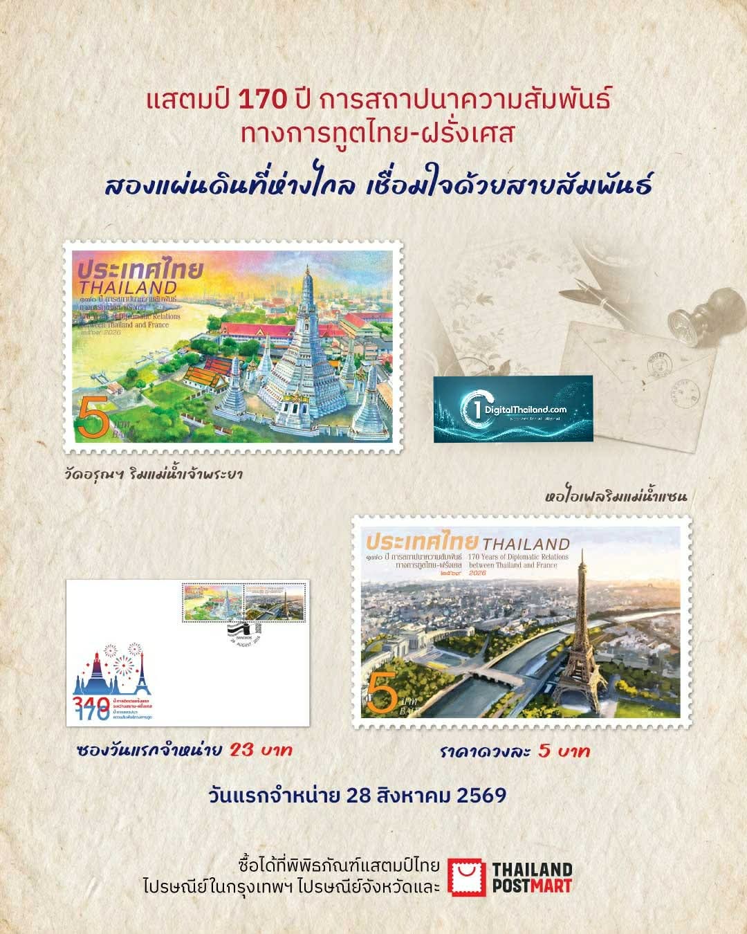 ไปรษณีย์ไทย ออกแสตมป์ที่ระลึก 170 ปี ความสัมพันธ์ทางการทูตไทย–ฝรั่งเศส ถ่ายทอดผ่านภาพวาดสองสายน้ำ 'เจ้าพระยา-แซน' เปิดจำหน่ายแล้ววันนี้