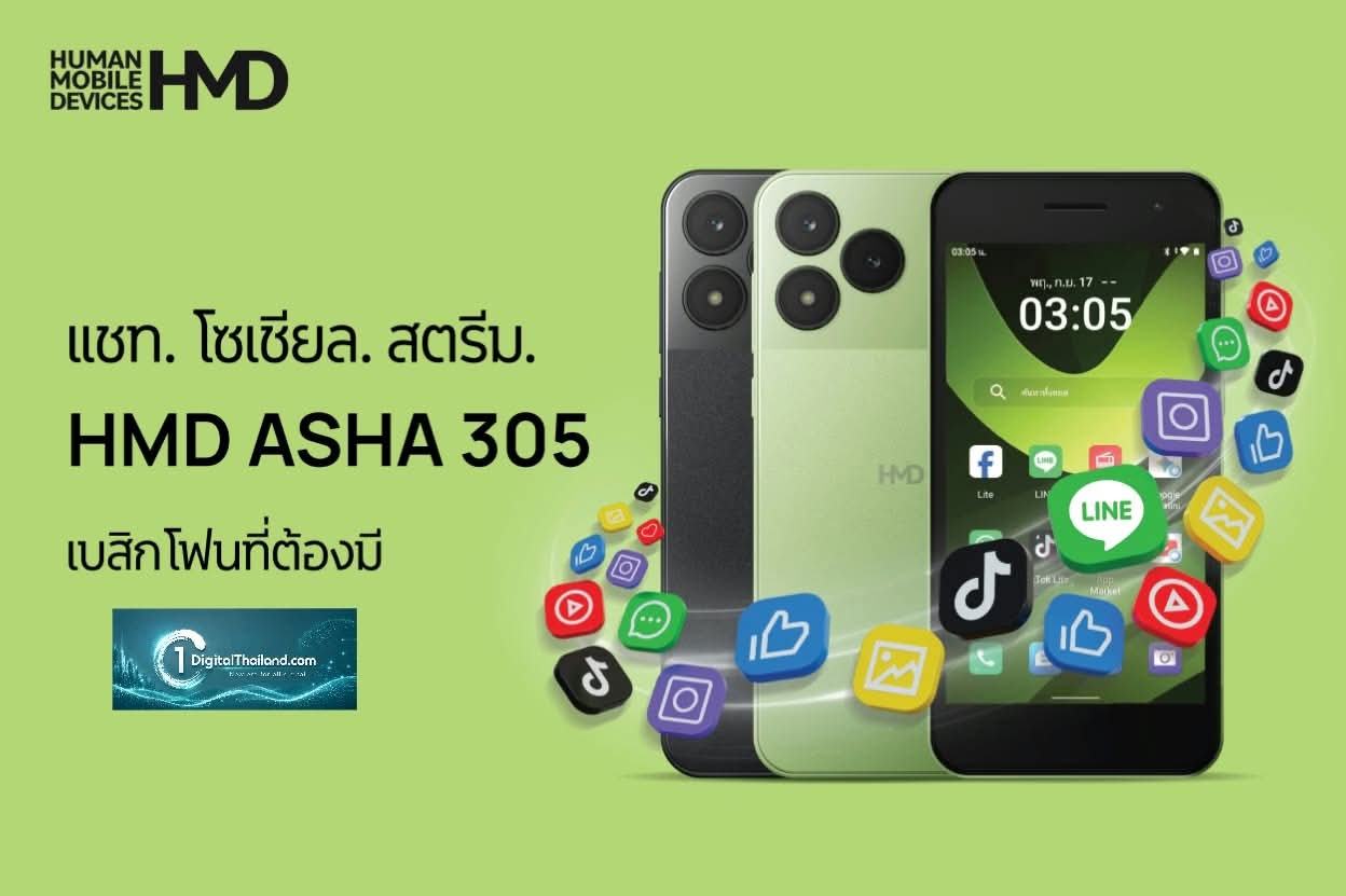 พลิกโฉม 'HMD Asha 305' ในราคาฟีเจอร์โฟน คุณสมบัติ ปลอดภัยกันสแกมเมอร์  มีแอปยอดฮิต LINE, TikTok และ YouTube พร้อมใช้งาน