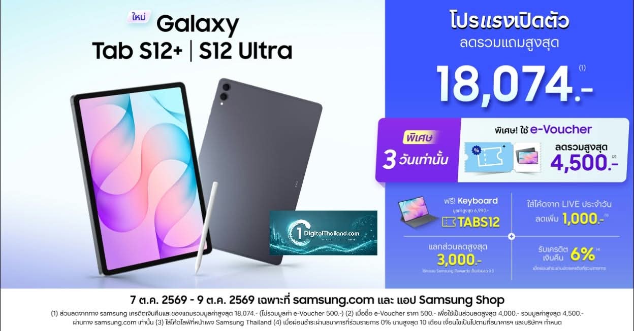 โปรแรงเปิดตัว Galaxy Tab S12 Series ขยายดีล e-Voucher พิเศษอีก 3 วัน 7-9 ต.ค. 69