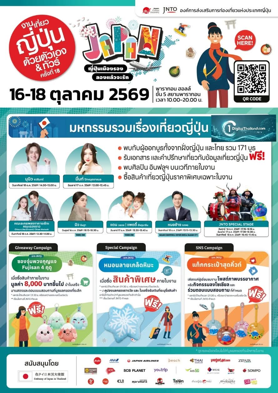 เปิดประสบการณ์เที่ยวเมืองรองญี่ปุ่น! 'งานเที่ยวญี่ปุ่นด้วยตัวเอง & ทัวร์ ครั้งที่ 18' วันที่ 16-18 ต.ค. 69 พารากอนฮอลล์ ศิลปิน-อินฟลูเอนเซอร์ ชื่อดังมากมาย